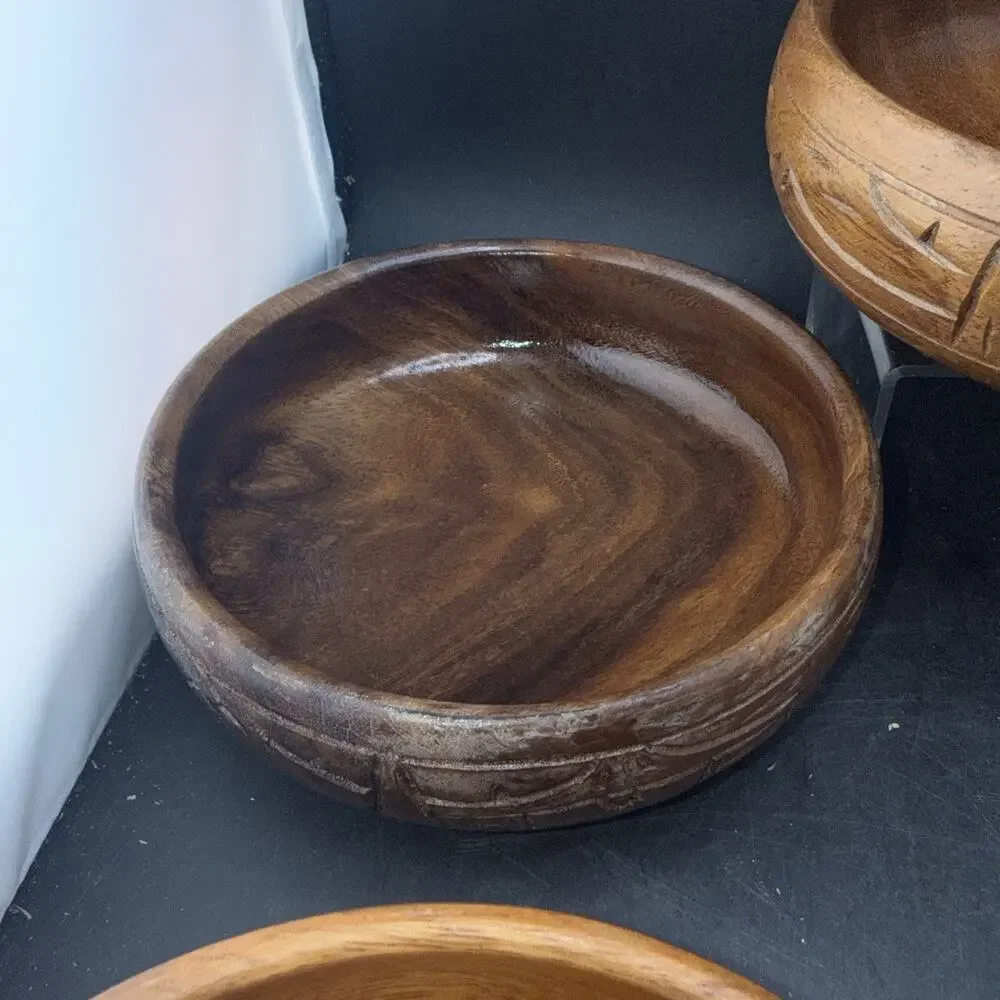 Set of 5 Hand Carved Monkey Pod Wood Bowls Asian Landscape Serving Bowls